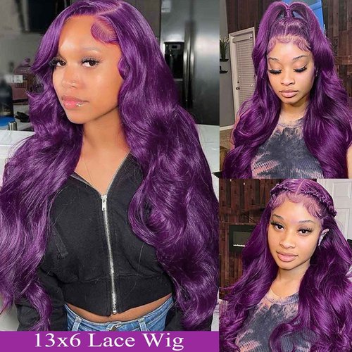 haha Deep Purple Lace Front Wig Human Hair 13X6 Hd Lace Frontal Wig Dark Purple Human Hair Wig Colored Glueless Body Wave Transparent Lace Front Grape Purple Wig For Women 180% Density 26 Inch