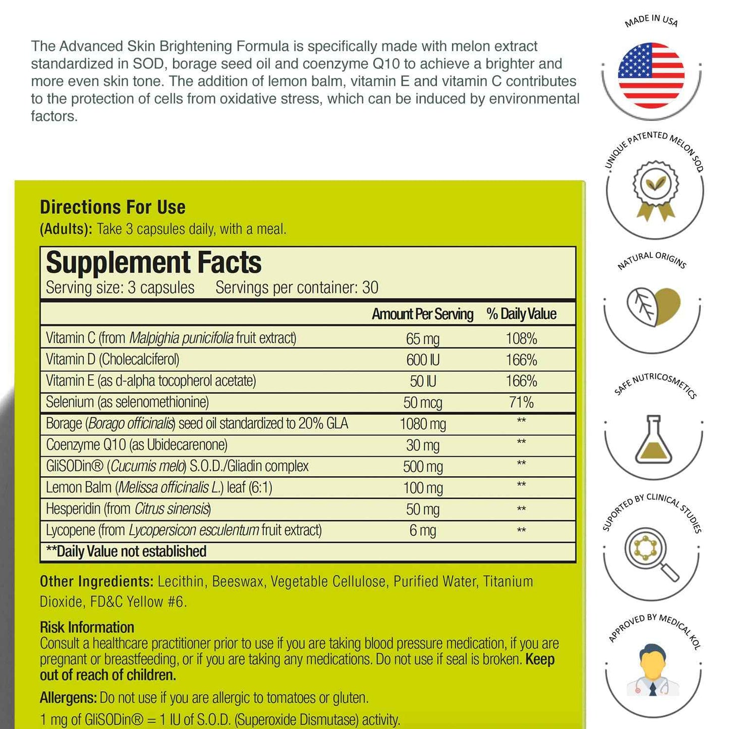 Glisodin Skin Nutrients Advanced Skin Brightening Formula – for Brighter, Clearer, and Firmer Complexion – Helps Reduce Blemishes - 90 Capsules