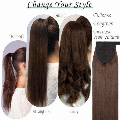 S-noilite Wrap Around Ponytail Extension Human Hair #4 Medium Brown Ponytail Extensions Real Remy Hair 22inch Long Straight Clip in Human Hair Ponytail 95Grams