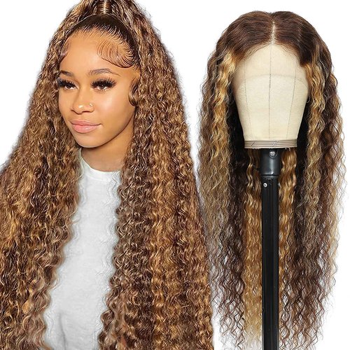 Aimking 13x6 Highlight Ombre Lace Front Wig Human Hair Wigs For Women 180% Density 4/27 HD Deep Wave Lace Frontal Wigs Curly Honey Blonde Wig Human Hair With Colored (22 Inch)