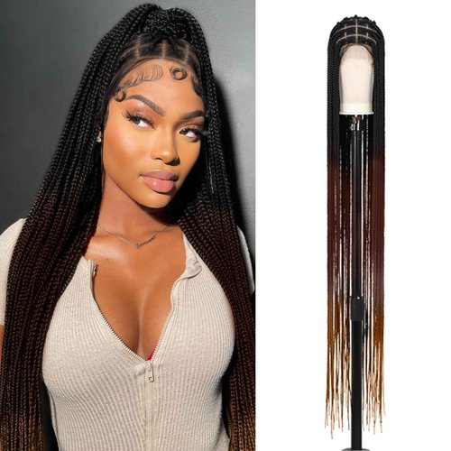 Zurffiy 56" Knotless Braided Wigs for Women: Box Braid Wig with Baby Hair, Human Hair Blended, Super Long Lace Front, Mix Brown and Light Brown