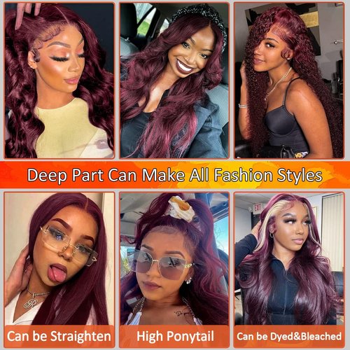 99j Burgundy Lace Front Wigs Human Hair Pre Plucked 13x6 Lace Frontal Human Hair Wigs for Black Women Body Wave Glueless Human Hair Wig 180% Density Pre Plucked Bleached Knots with Baby Hair （20 Inch）