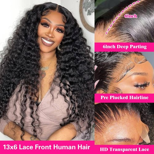 Buildxin Deep Wave Lace Front Wigs Human Hair Pre Plucked 13x6 HD Transparent Lace Frontal Wigs Natural Color Glueless 200% Density Human Hair Wig for Black Women 22 Inch