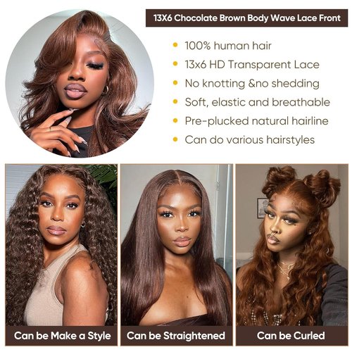 Chocolate Brown Lace Front Wig Human Hair - 13x6 HD Brown Body Wave Lace Front Wigs Human Hair Pre Plucked with Baby Hair, 180% Density Colored Glueless Frontal Wigs Human Hair for Women 26 inch