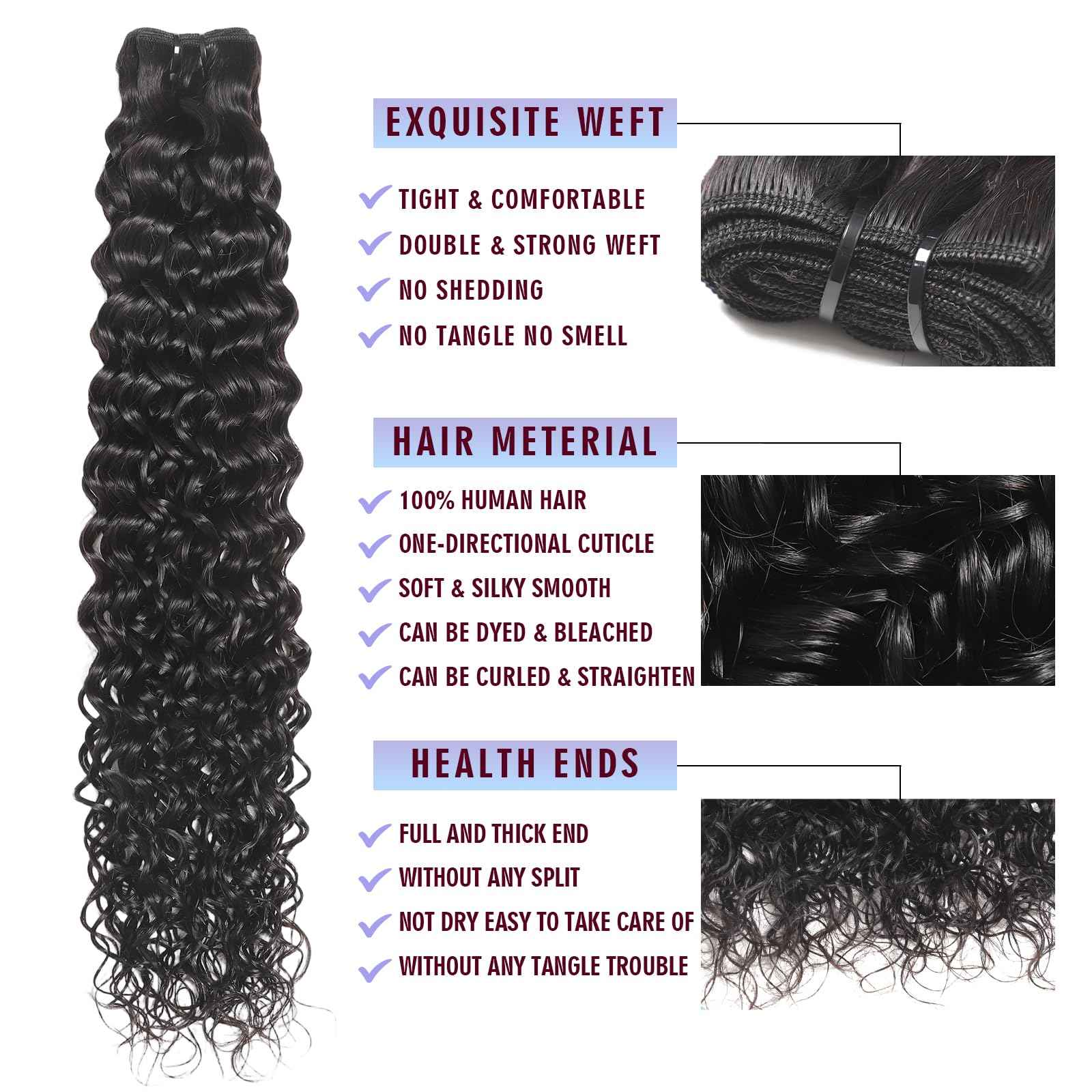 Geomone Water Wave Bundles Human Hair 10A Brazilian Unprocessed Virgin Human Hair Curly Human Hair Bundles Wet and Wavy Hair 14 16 18 Inch Double Weft Thick and Full Natural Black