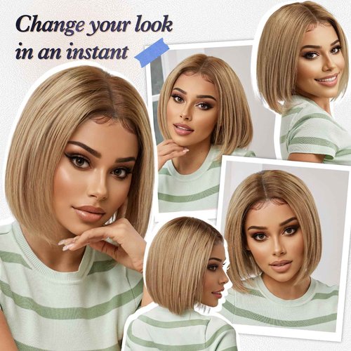 starluck SilkHug HD Lace Front Wigs Human Hair Glueless Pre-plucked Bob Real Human Hair Ash Blonde-P4/8/16 Wigs for Women Middle Part 12" Lenght Straight Wig 150% Density 13"×4"×2.5"