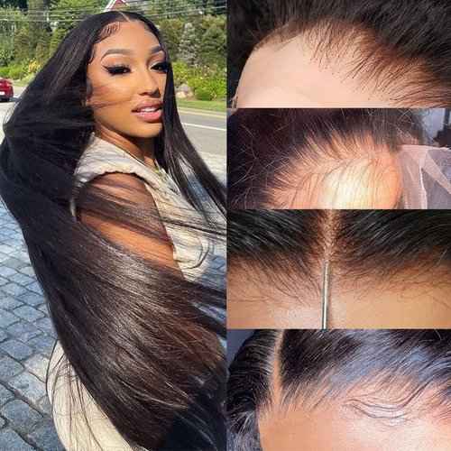 Derun 5x5 Real HD Lace Closure Wigs Human Hair 180% Density Invisible Swiss Lace Front Straight Wig Pre-plucked with Baby Hair Hairline Bleached Knots and Elastic Band Wig for Women (16 Inch, 5×5 ST)