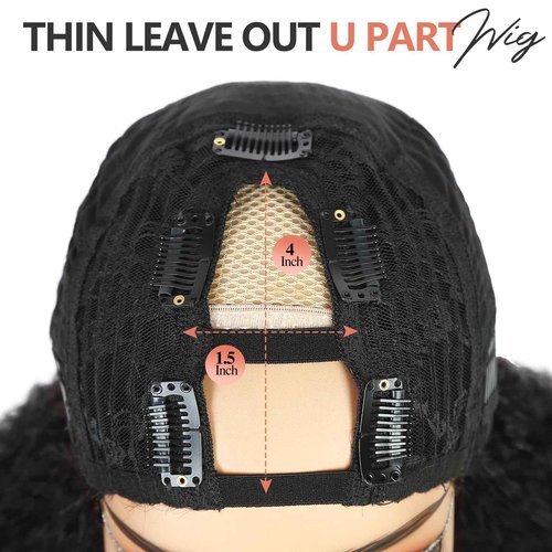 WIGER Kinky Straight U Part Wigs Human Hair Half Wig Natural Color Glueless Thin Leave Out Curly Hair 200% Density 18 Inch kinky Curly Clip in Wigs for Black Women Wear And Go Wig