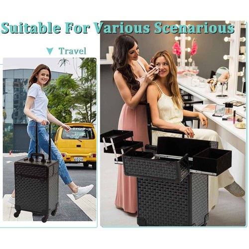 AROUS Rolling Makeup Train Case, Large Storage Cosmetic Trolley 4 Tray with 360° Swivel Wheels Keys, Large Storage Traveling Cart Trunk, Cosmetic Train Cases for Nail Technicians Hairstylist, Black