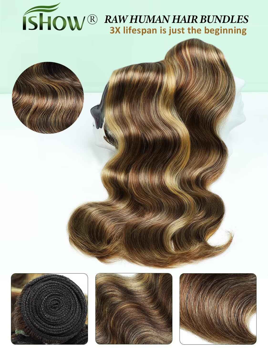 ISHOW Raw Human Hair Bundles, 100% Unprocessed Virgin Human Hair, 15A Body Wave Premium Quality Bundles Producer, 18 Inch Single Bundle, Long Lasting, Ombre Honey Blonde Color P4/27