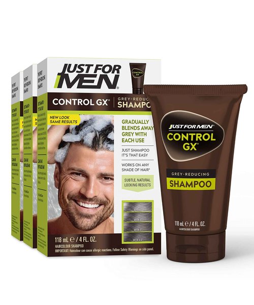 Just For Men Mustache & Beard, Beard Dye for Men with Brush Included & Control GX Grey Reducing Shampoo, Gradual Hair Color for Stronger and Healthier
