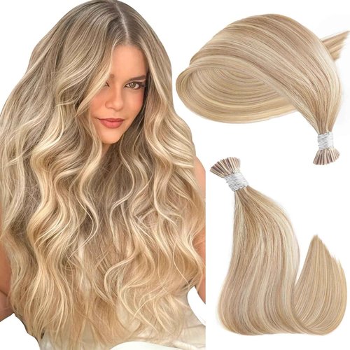 DIYOMO I Tip Hair Extensions - Human Hair,#18/613 Grey brown light gold mixed highlights 24 Inch For Women Soft & Natural Itip Human Hair Extensions 50g 50s