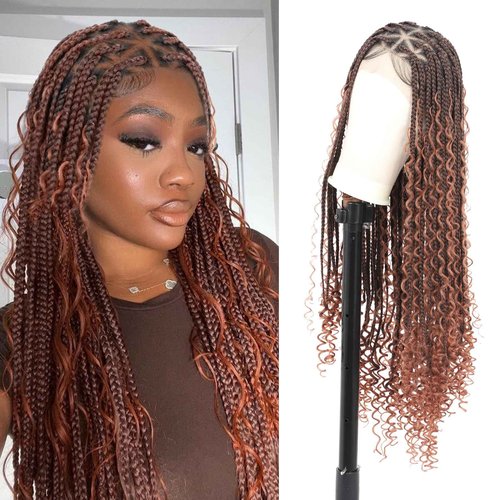 Olymei Boho Braided Wigs Triangle Knotless Braided Wigs for Women Full Double Lace Front Box Braid Wig with Baby Hair Premium Synthetic Braid Lace Front Wig 36" Brown