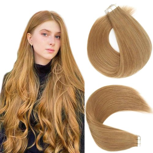 Lovrio Real Human Hair Tape in Hair Extensions, Colored strawberry Blonde #27 Seamless Skin Weft Human Hair 50 Gram 16 Inch 20 Pieces