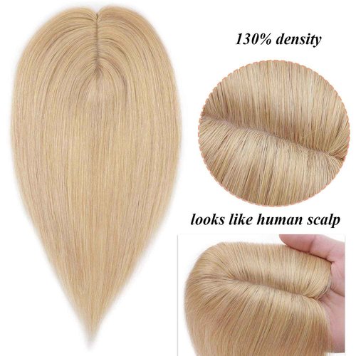 S-noilite Silk Base Topper Clip in Human Hair Piece Toupee Top Hair Extensions Silk Topper for Women Replacement for Slight Hair Loss Thinning Hair 130% Density (10"-35g,#24 Natural Blonde)