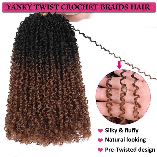 Unionbeauty 14 Inch Pre-looped Yanky Twists Crochet Braids Hair 8 Packs Pre-twisted Micro Passion Twist Crcochet Hair Ombre Brown Spring Twists Synthetic Marlybob Crochet Braids Hair Extensions 1B/30#