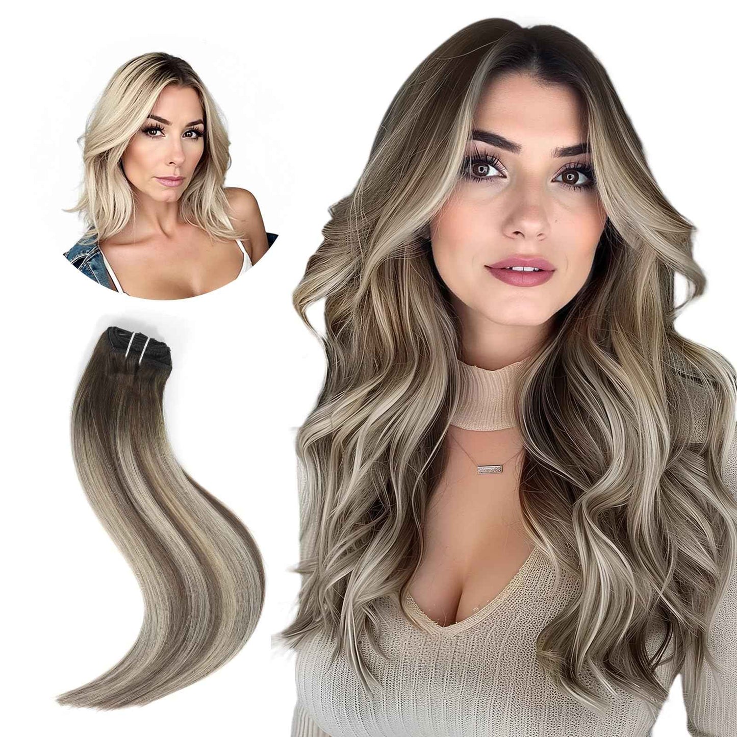 Hyssiet 20 Inch Clip in Real Human Hair Extensions, Balayage Walnut Brown to Ash Brown Mix Light Blonde, Remy Thick Invisible Straight Clip Hair,Seamless, 95 Gram 7 Pieces With 16 Clips