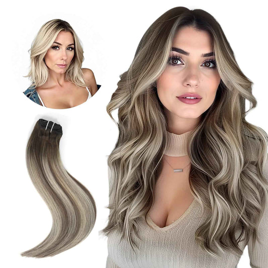 Hyssiet 20 Inch Clip in Real Human Hair Extensions, Balayage Walnut Brown to Ash Brown Mix Light Blonde, Remy Thick Invisible Straight Clip Hair,Seamless, 95 Gram 7 Pieces With 16 Clips