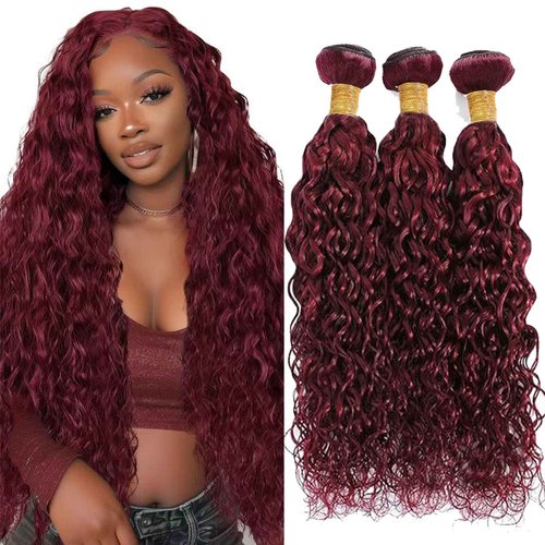 Fabimiya Human Hair Bundles Burgundy 99J Water Wave 16 18 20 Inch Bundles Human Hair 100% Unprocessed Burgundy Soft Sewn In Hair with Double Weft for Black Women