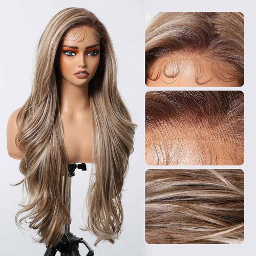 Allbell 13x6 HD Lace Wigs Honey Blonde Synthetic Lace Front Wig Preplucked Hairline with Baby Hair 28inch Long Body Wave Lace Wigs for Women(Brown with Blonde Highlights)