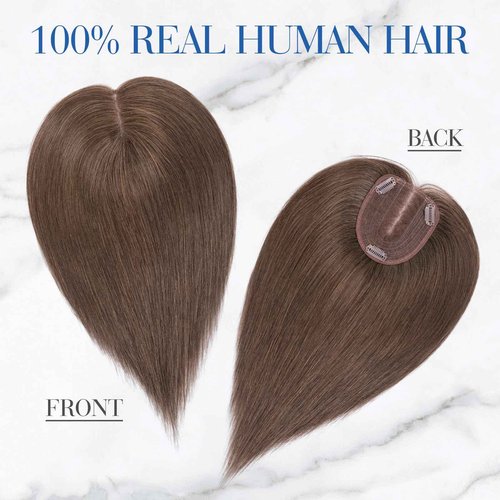 S-noilite Human Hair Toppers for Women, 100% Real Human Hair, 4x5 Inch Lace Base, Natural Brown, 12 Inch