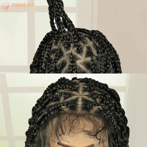 PHOCAS Boho Braid Wig 48'',Knotless Braided Wigs Natural Black,Curly Ended Double Full Lace Box Braids Wig for Women