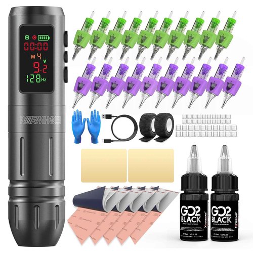 Wormhole Tattoo Gun Kit 1,600mAh Battery 2 Bottles 1/2 OZ Xtreme Tattoo Ink and 20 Tattoo Needles Wireless Tattoo Machine Kit Smart Tattoo Pen for Precise Lining & Shading Smart Display