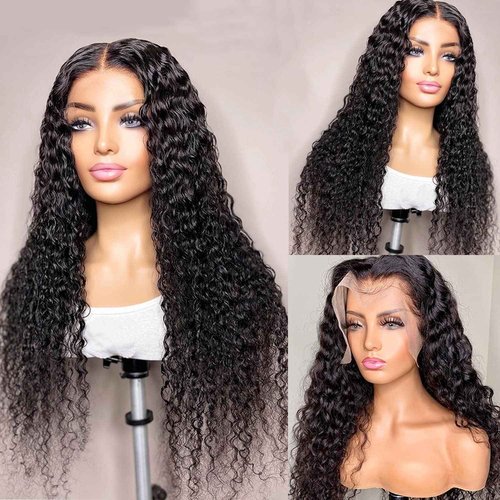 SNJON Water Wave 13x6 HD Transparent Lace Front Wigs Human Hair 180 Density Wet and Wavy Human Hair Wigs for Women Curly Lace Front Wig Human Hair Pre Plucked with Baby Hair Natural Color (18 Inch)