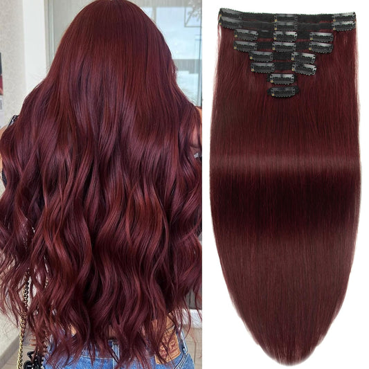 Human Hair Clip in Extensions Burgundy Clip ins 100% Brazilian Remy Real Human Hair Extension for Women 3.9oz/110g 8pcs Per Set with 18 Clips Double Weft (22 Inch #99J)