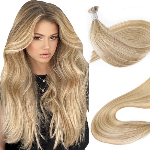 Eliysako I Tip Hair Extensions Human Hair Blonde Itip hair Golden Brown Mix Bleach Blonde 18inch 50g/pack Itip Human Hair Extensions Real Soft Nature Cold Fusion For Women