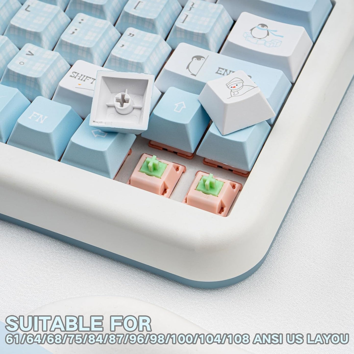 145 Keys PBT Keycap Cherry Profile, Light Blue White Black Bow Aesthetic Dye Sublimation Gaming Custom Keycaps for ANSI/ISO Layout Mechanical Keyboards
