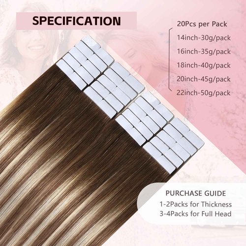 Sweetmet Injection Tape in Hair Extensions Real Human Hair 3rd-Generation #3/8/22 Walnut Brown to Ash Brown and Golden Blonde 20pcs 35g 16inch Invisible Tape ins Extensions(#3/8/22-16inch）