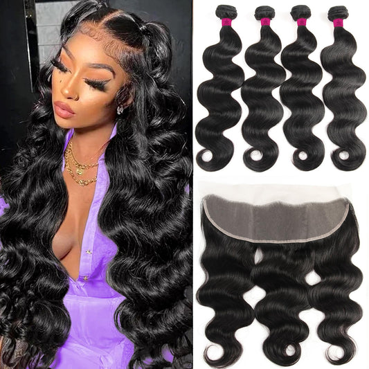 12A Human Hair Bundles with Closure Frontal (14 16 18 20 &12 Frontal) Body Wave 4 Bundles Human Hair with 13x4 HD Lace Frontal - Brazilian Quick Weave Hair Extension Real Human Hair for Daily Use
