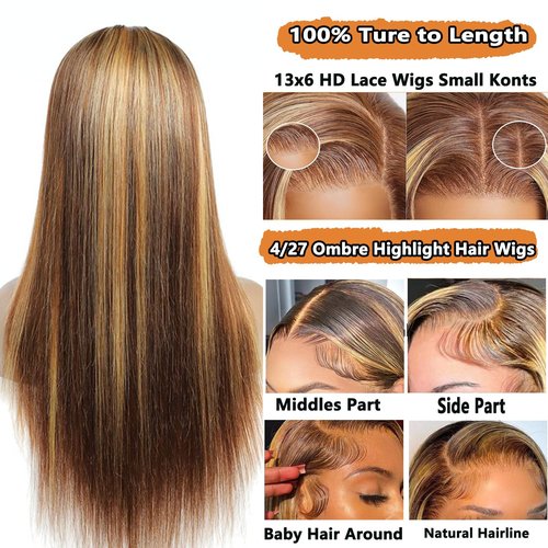 Teveshine 24inch Brown Highlighted Wig Human Hair 13x6 Straight Lace Front Wigs Human Hair Pre Plucked With Baby Hair 180% Density Glueless 4/27 Blonde Highlight Wig