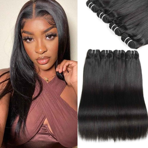 HEPAEA 12A Human Hair Bundles (14 14 16 16 Inches, 4 Bundles) 100% Unprocessed Brazilian Virgin Straight Hair for Women - Natural Black Hair Weave