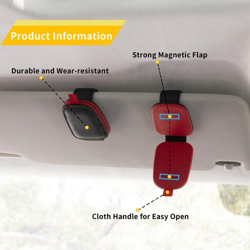 Yuoyar Sunglass Holder for Car, Magnetic Leather Sunglasses Holder and Ticket Card Clip, Car Visor Accessories, 2 Packs (Black-red)