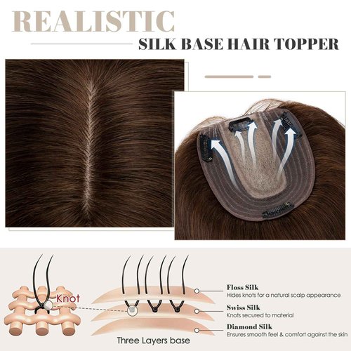 Elodia Human Hair Topper for Women No Bangs Large Base Clip in Real Hair Topper Hair Pieces for Thinning Hair Cover Grey Hair 12 inch Medium Brown