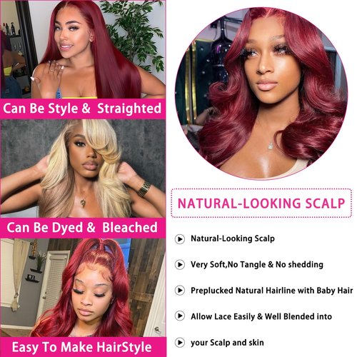 99J Burgundy Lace Front Wigs Human Hair 200 Density 30 Inch 13x4 Body Wave HD Lace Front Wigs Human Hair With Pre Plucked Glueless Red Wig Wine Red Lace Front Wigs