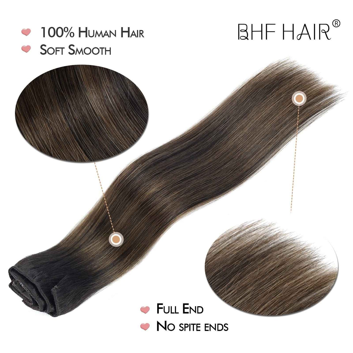 18" Clip in Remy Human Hair Extensions Balayage Dark Brown to Maroon Brown Human Hair Extensions, Double Weft Thickness to Ends, 100% Female Extensions, 6 Pack 70g / 2.45oz.