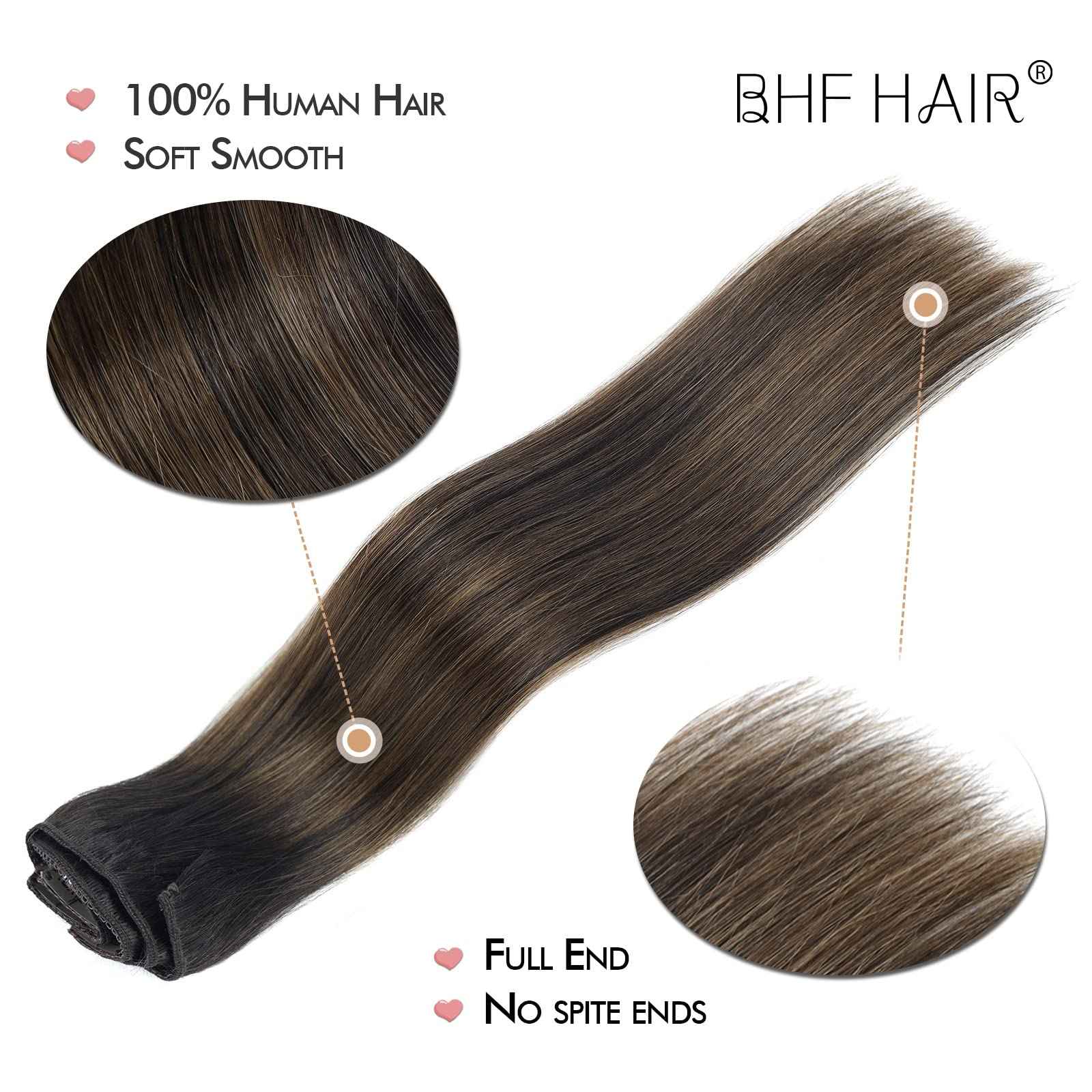 18" Clip in Remy Human Hair Extensions Balayage Dark Brown to Maroon Brown Human Hair Extensions, Double Weft Thickness to Ends, 100% Female Extensions, 6 Pack 70g / 2.45oz.
