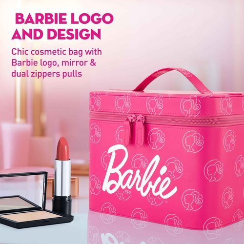 Barbie Large Women's Makeup Bag, Two Zipper Travel Cosmetic Zipper Pouch Organizer with Logo, Pink