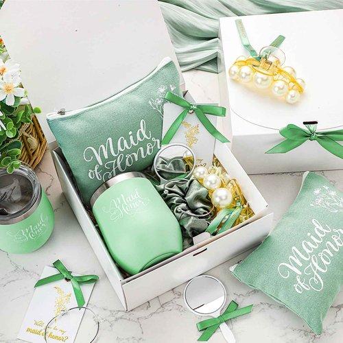 FineCheer 48 Pcs Bridesmaid Proposal Gifts Maid of Honor Proposal Gift Include Box Tumblers Makeup Bag Scrunchie Hair Clip Bracelet Card Mirror for Bridal Shower Bachelorette Party(Green)