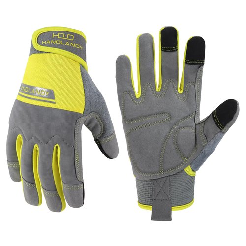 HANDLANDY Touchscreen Work Gloves for Men and Women, Utility Breathable Mechanic Working Glove for Yardwork Gardening (Yellow-Grey, Small)