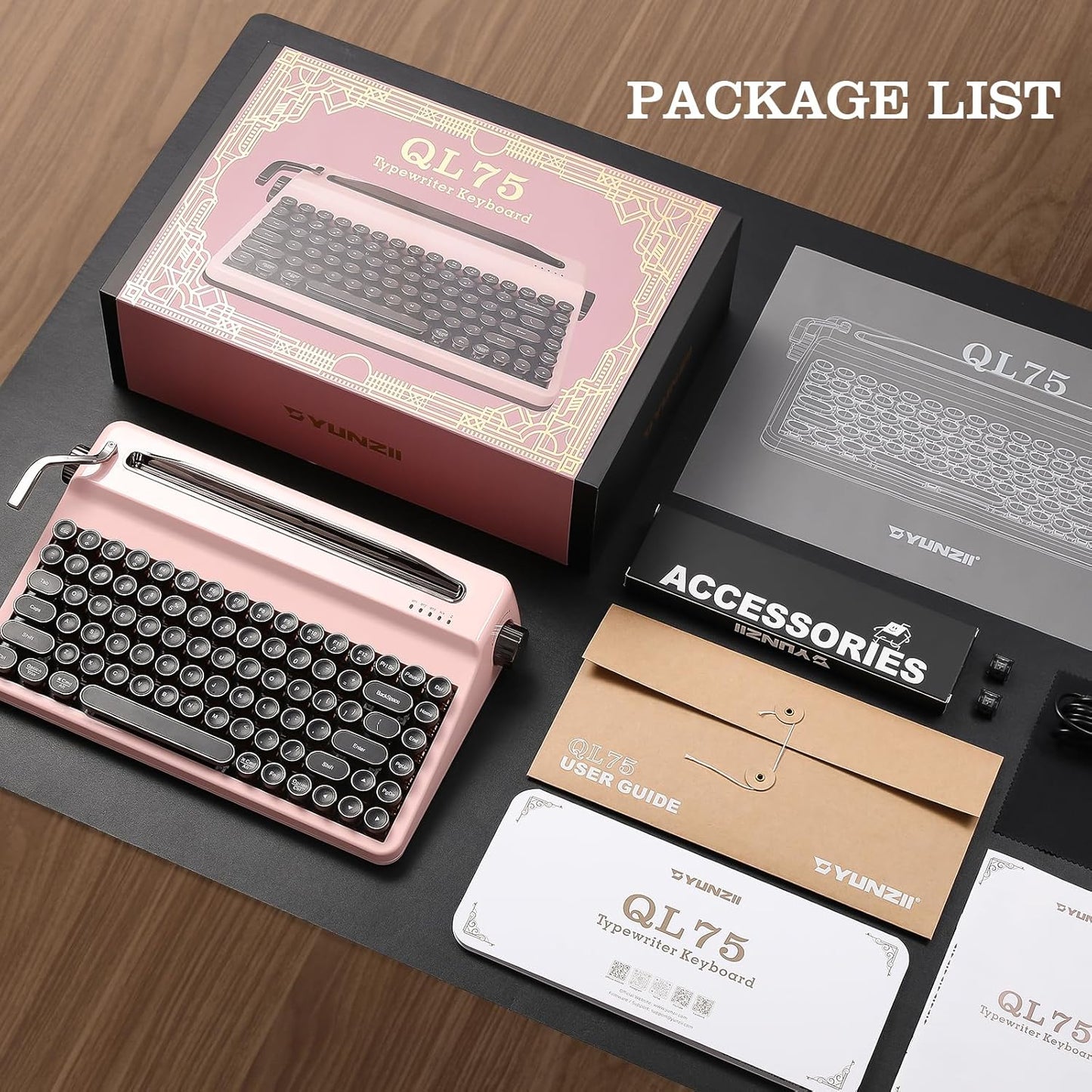 YUNZII QL75 Wireless Typewriter Hot Swap Retro Mechanical Keyboard,Punk Round Keycaps,RGB Backlit QMK/VIA Programmable, Multi-Device Keyboard with 2.4GHz/Type-C/BT5.0 (Wood, Cocoa Cream V2 Switch)