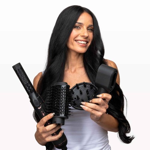 Foxybae Super Styler – 4-in-1 Blow-Dryer Brush Set - Diffuser, Blowout-Brush, 1.25” Curling Barrel & Drying Cylinder - Voluminous, Frizz-Free Hair - Dryer, Straightener & Curler (Black Rose-Gold)