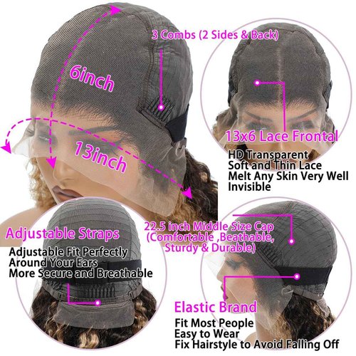 LAINSS Highlight 13x6 Deep Wave Lace Front Wigs Human Hair 4/27 Ombre Curly HD Transparent Lace Frontal Wig Pre Plucked Glueless Wig human hair 210% Density Wet and Wavy Curly Wigs 18 Inch