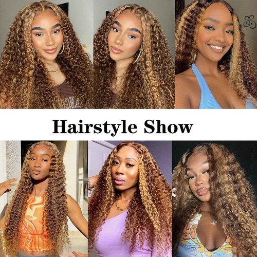 TESCOGOYS 4/27 Ombre Highlight 13x6 Lace Front Wig Human Hair 30inch Honey Blonde Deep Wave Lace Front Wigs Pre Plucked With Baby Hair 180% Density Curly Glueless Lace Front Wigs(30Inch)