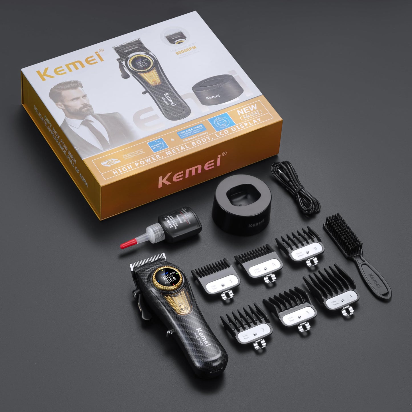 KEMEI 2242 Professional Hair Clippers for Men, Cordless Barber Clipper with LED Display & Charging Base, Hair Cutting Tools, 9000 RPM Super Torque Motor, Black