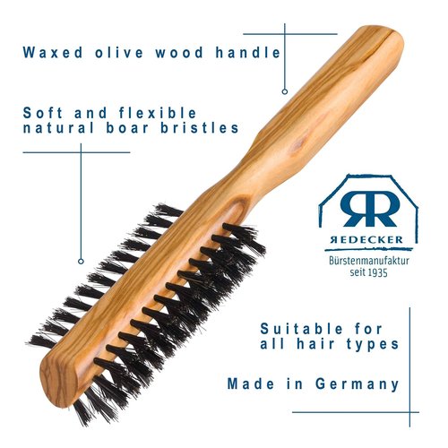 REDECKER Wild Boar Bristle Half Round Hairbrush with Waxed Olive Wood Handle, 8-1/2-Inches - Natural Boar Bristle Hair Brush Half Round - Imported Half Rounded Hair Brush
