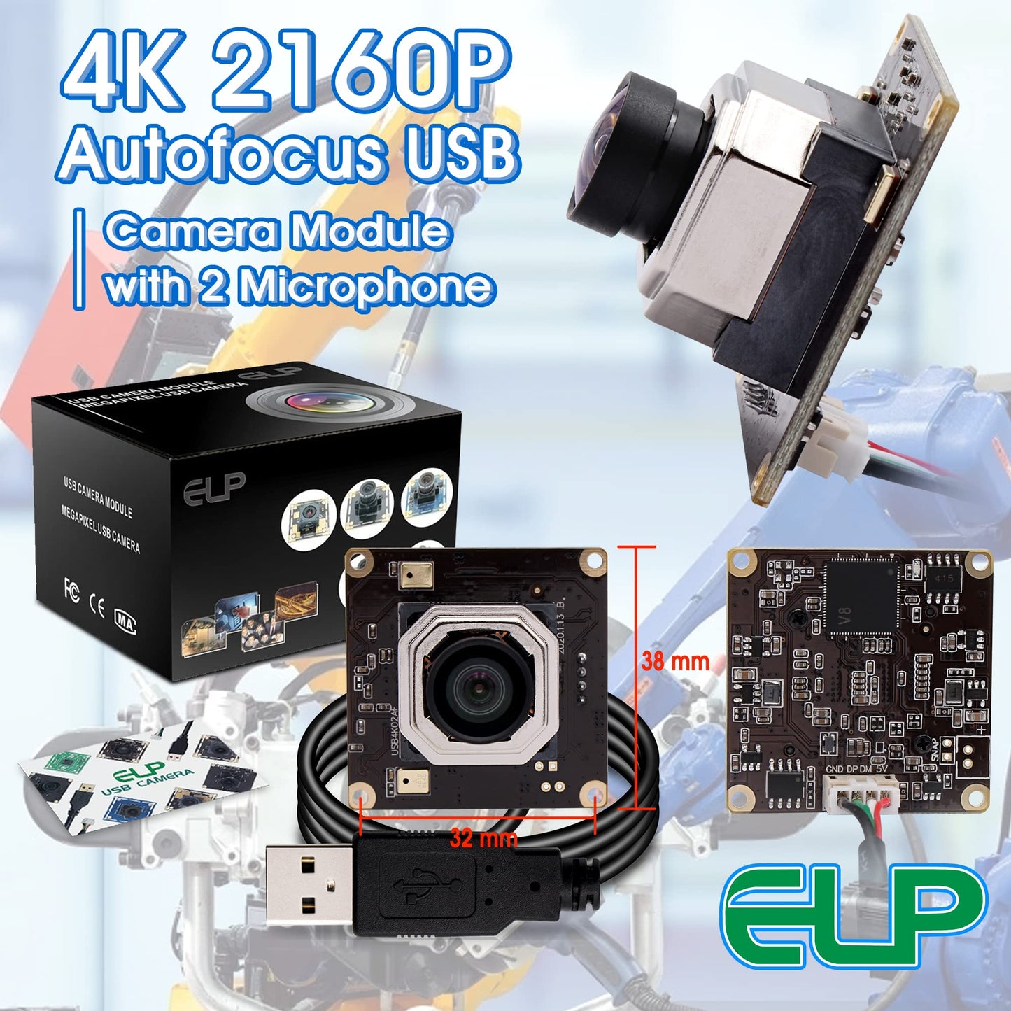 4K USB Camera Module Autofocus with Dual Microphone for Computer and Raspberry Pi Mini UVC USB2.0 Webcam Board 8mp Industrial Lightburn Camera IMX415 PC Camera Audio Video Web Camera for Laptop